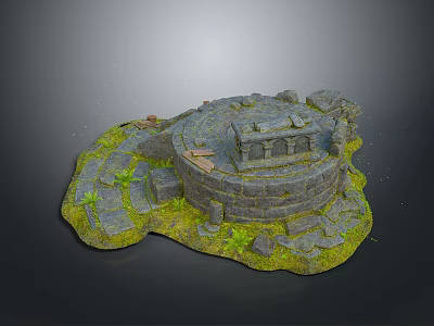 Ancient Circular Stone Ruins Structure Surrounded By Mossy Stones And Green Grass 3d model