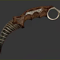 Tactical Karambit Weapon Featuring Serrated Blade Textured Brown Handle and Metal Ring Grip