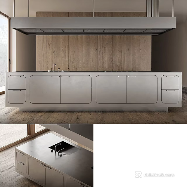Modern Kitchen Cabinets With Sleek Stainless Steel Doors And Wooden Backsplash 3d model 