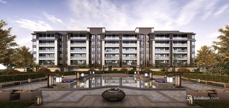 Modern Residential Building Exterior Design With Landscaped Garden Water Pool And Traditional Lanterns 3d model 