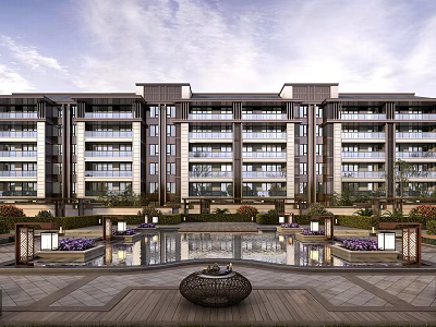 Modern Residential Building Exterior Design With Landscaped Garden Water Pool And Traditional Lanterns 3d model