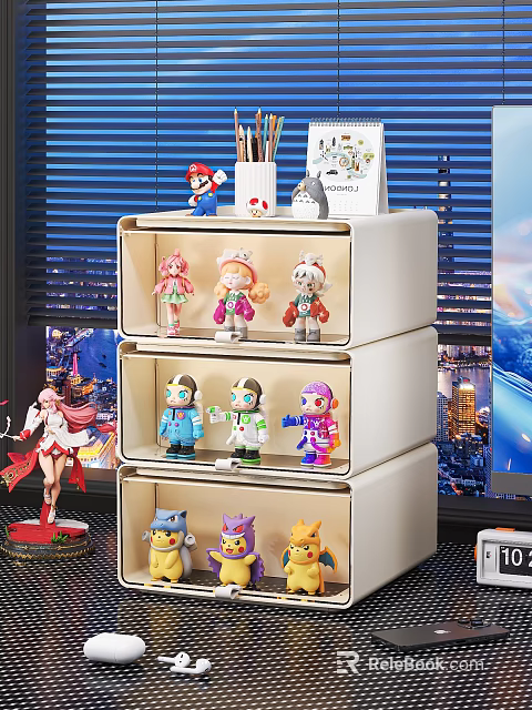 Multi Layer Storage Drawers With Various Figurines And City Night View Background 3d model