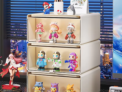 Multi Layer Storage Drawers With Various Figurines And City Night View Background 3d model
