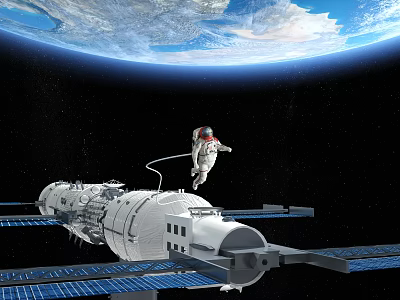 Astronaut Performing Spacewalk Outside Space Station With Earth View In Outer Space 3d model
