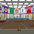 Spacious Basketball Court with Team Banners Lakers Logo and Training Cones