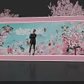 Popular Photo Check-in Spot With Pink Cherry Blossom Decor And Cartoon Elements
