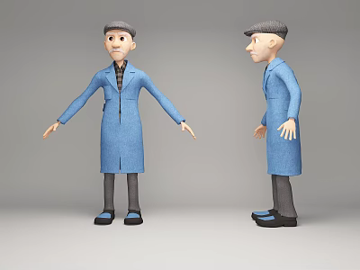 3D Game and Movie Male Character Model with Blue Coat Gray Hat Front Side Views 3d model