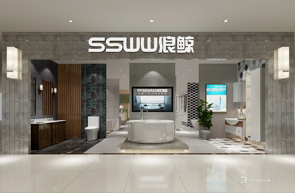 Modern Bathroom Showroom Interior Featuring Bathtub Toilet Washbasin Stone Walls And Cabinets 3d model 
