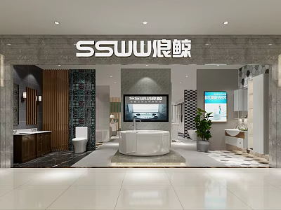 Modern Bathroom Showroom Interior Featuring Bathtub Toilet Washbasin Stone Walls And Cabinets 3d model