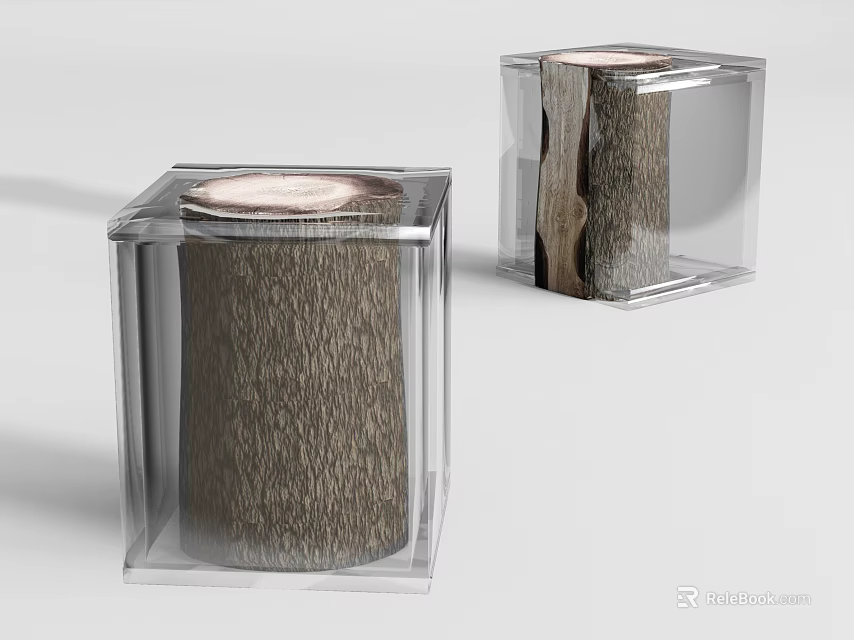 Two Modern Tree Stump Stools In Transparent Cube With Natural Wood Grain 3d model 