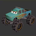 Blue Toy Monster Truck With Large Tires Flame Decals And Cartoon Eyes