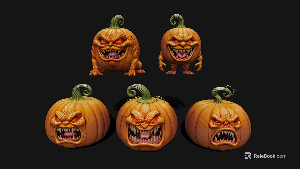 Set Of Spooky Halloween Pumpkins With Angry Faces Curly Vines And Sharp Teeth 3d model 