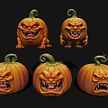Set Of Spooky Halloween Pumpkins With Angry Faces Curly Vines And Sharp Teeth