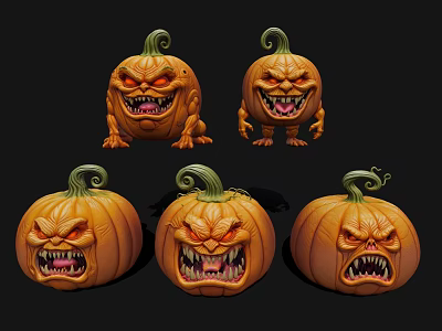 Set Of Spooky Halloween Pumpkins With Angry Faces Curly Vines And Sharp Teeth 3d model