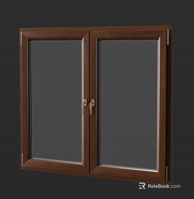 Double Brown Wooden Casement Window With Transparent Glass And Metal Handles 3d model 