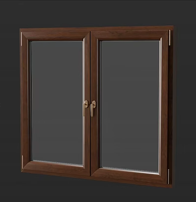 Double Brown Wooden Casement Window With Transparent Glass And Metal Handles 3d model