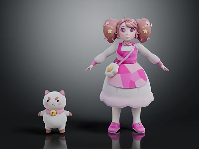 Game Movie Character With Pink Pigtails Star Decorations Diamond Patterned Dress And White Cat Companion 3d model