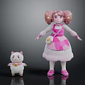 Game Movie Character With Pink Pigtails Star Decorations Diamond Patterned Dress And White Cat Companion