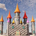 Colorful Cartoon Castle With Orange Red Yellow Purple Spires And Stone Brick Walls