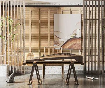 New Chinese-style Qin Room Guzheng Room Decorative Cabinet Guzheng Chandelier Guzheng Classroom Folk Music Room 3d model