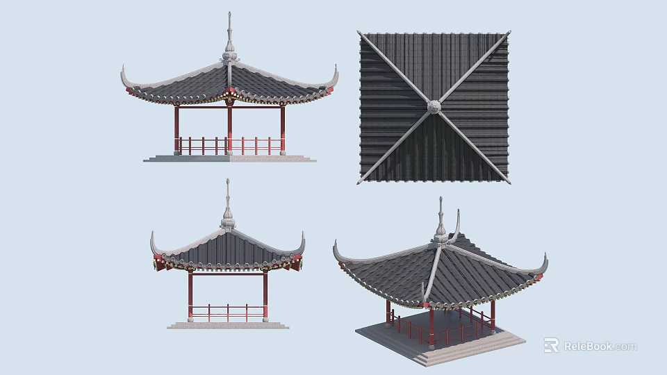Traditional Chinese Ancient Pavilion With Classic Roof Tiles Overhanging Eaves And Red Railings 3d model 