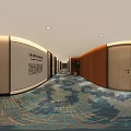 Hotel Corridor Interior with Orange Walls Potted Plant Patterned Carpet and Room Number 321