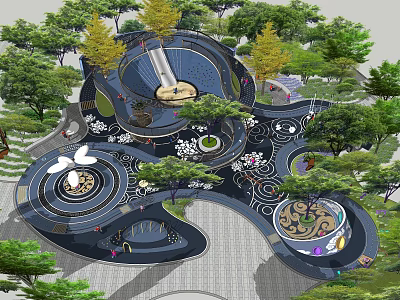 Beautiful Park Landscape Design With Circular Elements Curved Paths And Green Trees 3d model