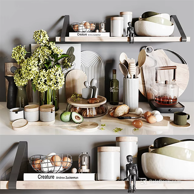 Stylish Kitchen Countertop With Cooking Utensils Storage Jars Fresh Ingredients And Flower Arrangement 3d model 