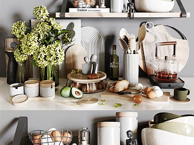 Stylish Kitchen Countertop With Cooking Utensils Storage Jars Fresh Ingredients And Flower Arrangement 3d model