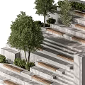 Modern Outdoor Concrete Staircase With Trees Greenery And Wooden Steps