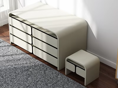 Modern White Bedside Table With Multiple Drawers And Small Stool On Wooden Floor With Carpet 3d model