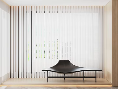 Minimalist Interior Space Featuring Curved Black Bench White Vertical Blinds Wooden Floor And Light Walls 3d model