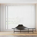 Minimalist Interior Space Featuring Curved Black Bench White Vertical Blinds Wooden Floor And Light Walls