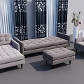 Gray Multi Piece Casual Sofa Set With Ottoman Patterned Curtains And Decorative Vases 3d model