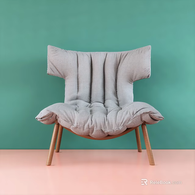 Comfortable Gray Lounge Chair With Pleated Padding And Wooden Legs Against Green Wall 3d model 