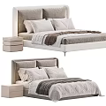 Modern Double Bed With Upholstered Headboard Neutral Tones Pillows And Bedside Table 3d model