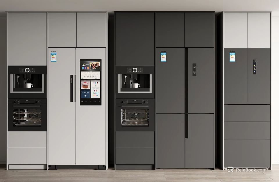 Modern Kitchen Refrigerators And Freezers With Built In Coffee Makers And Digital Screens 3d model 