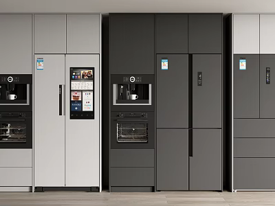 Modern Kitchen Refrigerators And Freezers With Built In Coffee Makers And Digital Screens 3d model