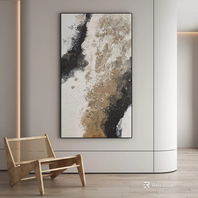 Modern Abstract Painting With Gold Black White Hues For Interior Wall Decor 3d model 