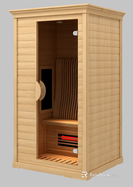 Wooden Sauna Interior With Open Door Seating And Heating Elements 3d model