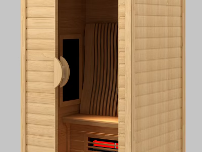 Wooden Sauna Interior With Open Door Seating And Heating Elements 3d model