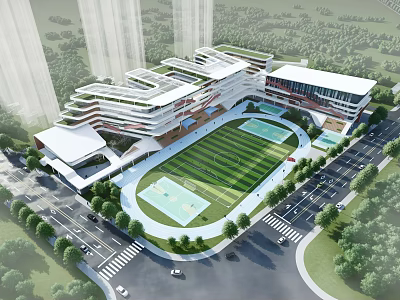 Modern School Building With Football Field Greenery And Unique Roof Design 3d model