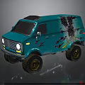 Turquoise Van With Floral Design Large Off Road Tires And Roof Rack