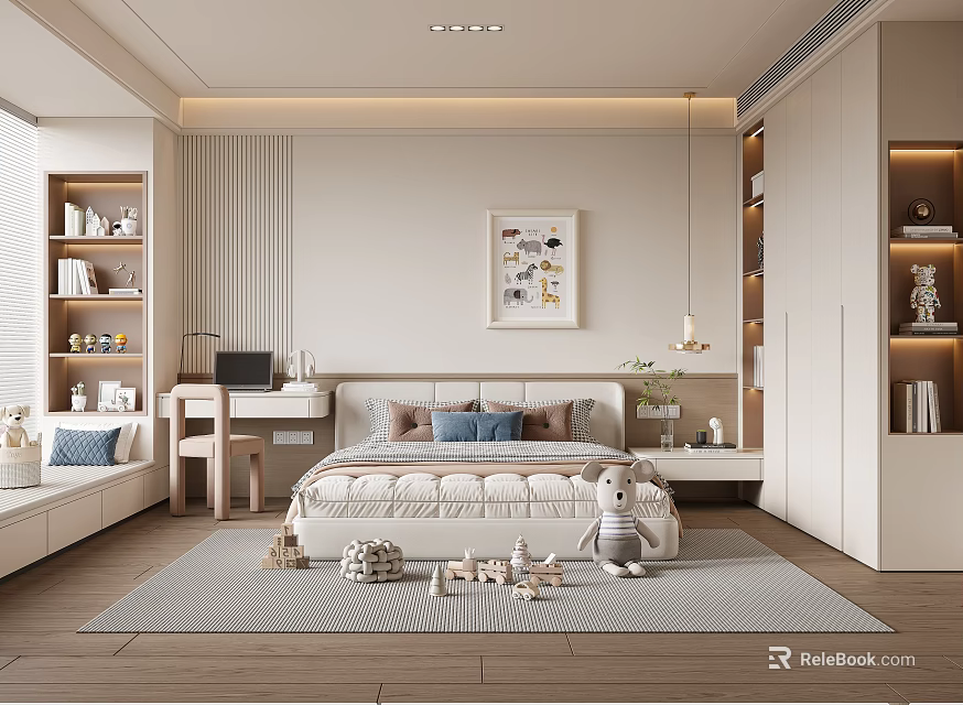 Modern Kids Room Interior With Bed Study Desk Bookshelf Stuffed Toys And Wall Art 3d model 