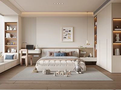 Modern Kids Room Interior With Bed Study Desk Bookshelf Stuffed Toys And Wall Art 3d model