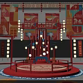 Traditional Chinese New Year Stage Decoration with Red Lanterns Fu Characters and 2023 Elements