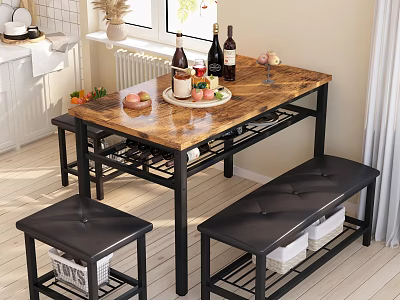 Cozy Restaurant Dining Space With Wooden Table Wine Bottles Fruit Platter And Leather Stools 3d model