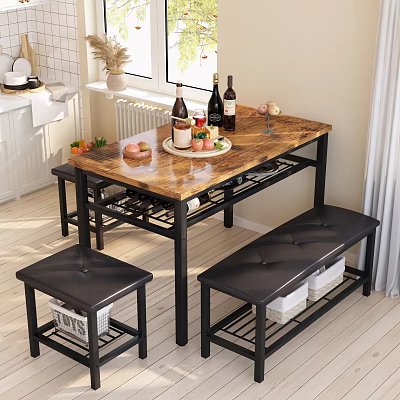 Cozy Restaurant Dining Space With Wooden Table Wine Bottles Fruit Platter And Leather Stools 3d model