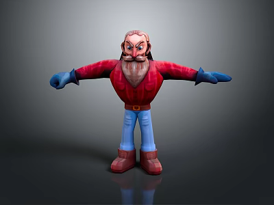 Bearded Man In Red Shirt With Blue Gloves Blue Pants And Brown Boots 3d model