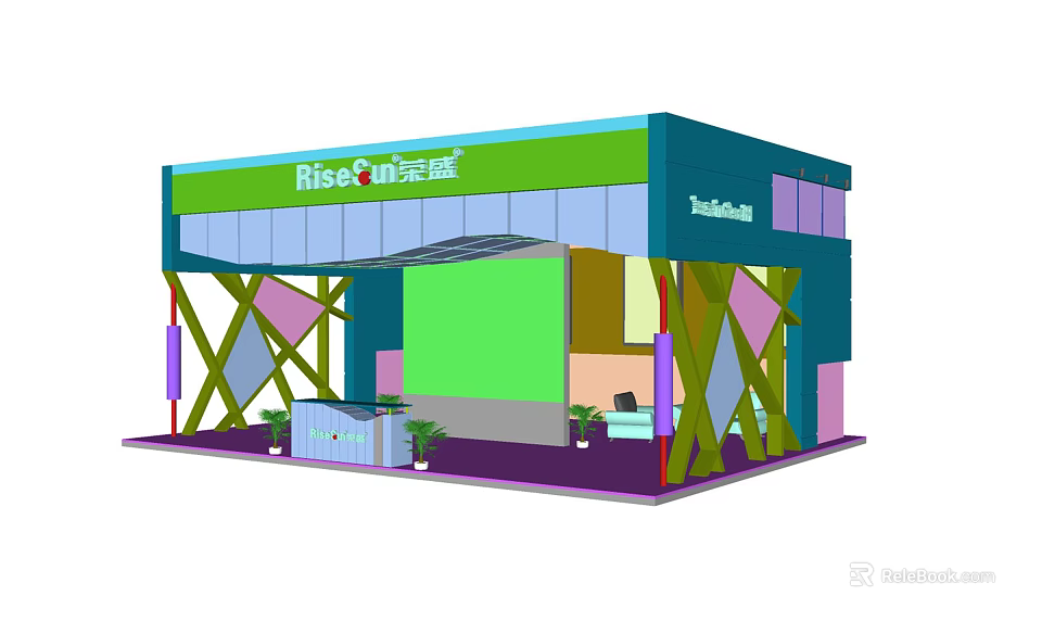 Modern Exhibition Booth Design With Green Roof Blue Frame Large Screen And Decorative Plants 3d model 